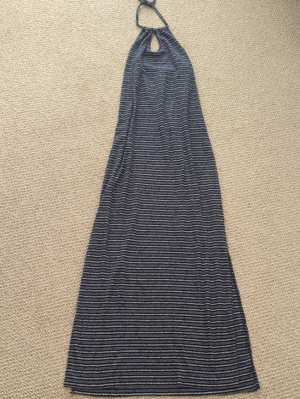 Navy Striped Knit Halter Maxi Dress With Side Slits